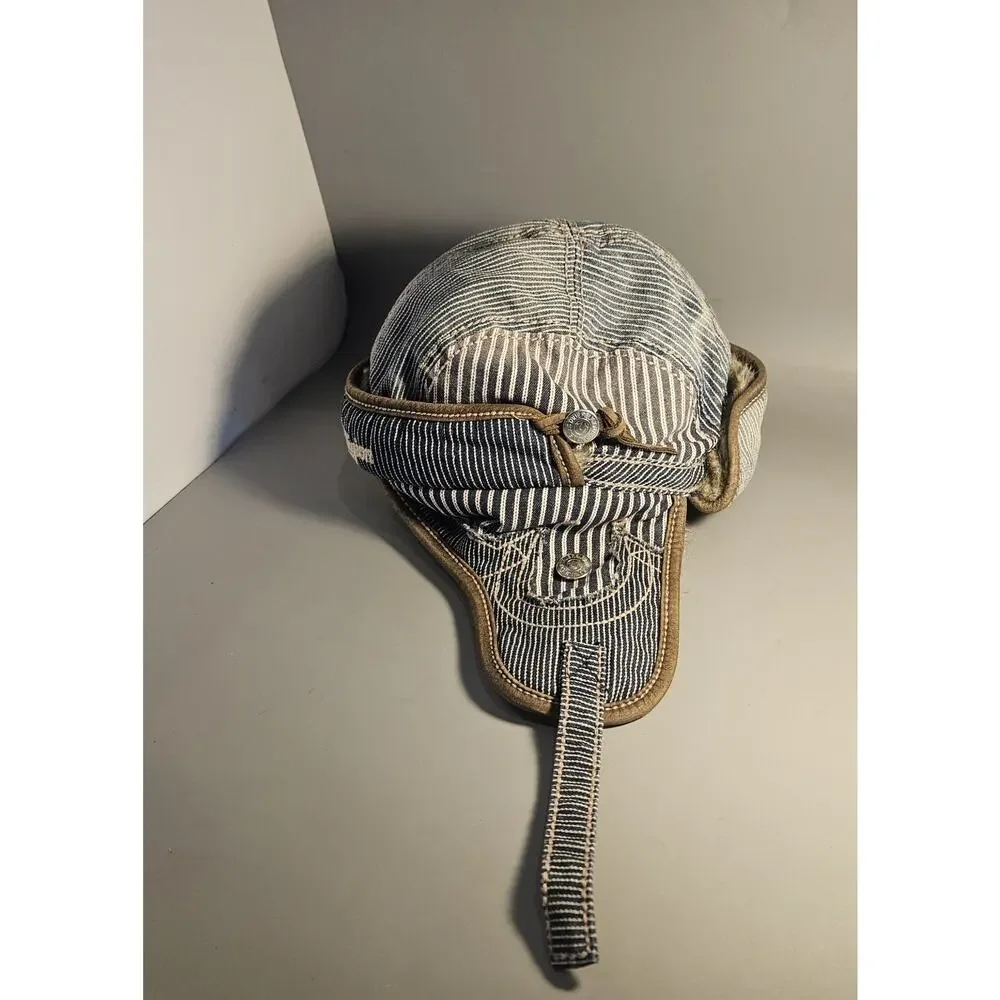 True Religion Fur Trapper Hat Navy Striped with Brown Leather Sz L/XL Adjustable